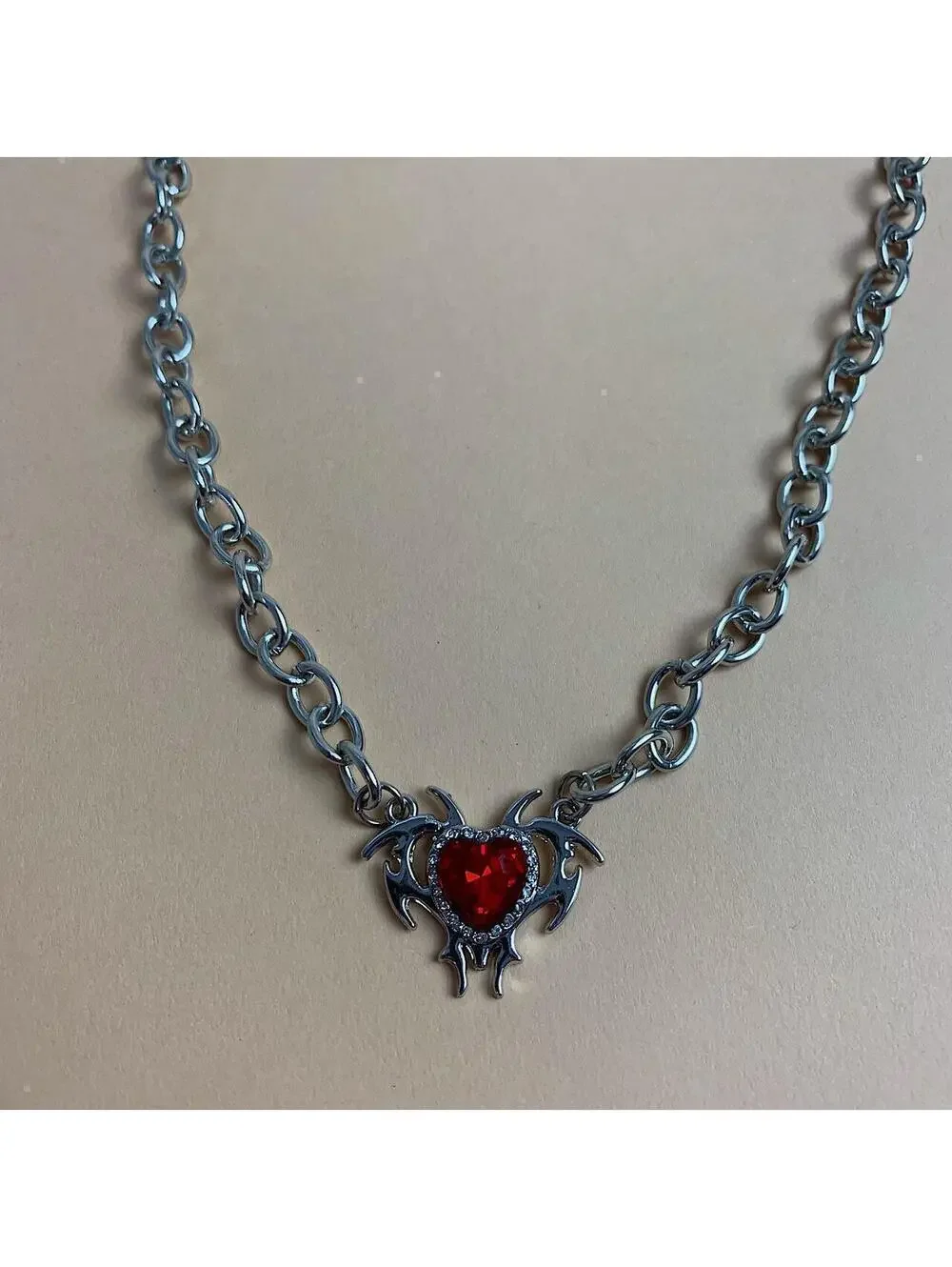 Cyber Red heart shaped opal love pendant thick chain y2k 2000s opium style neckl
